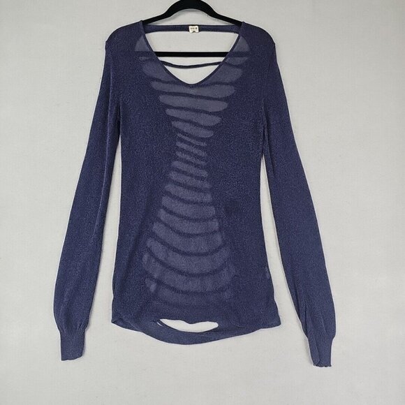 Uniq Top Womens M Blue Sheer Knit Strappy Back Bohemian Chic Long Sleeve Sexy - Picture 1 of 8